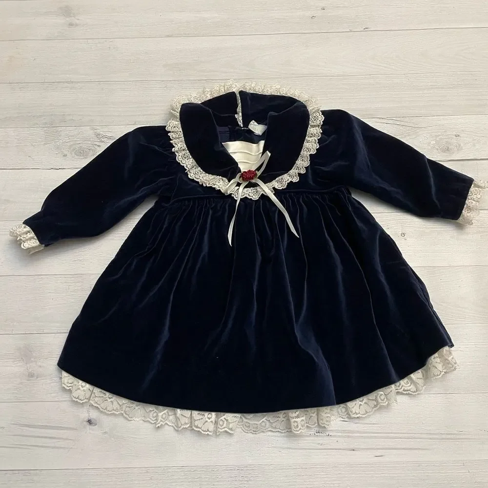 Vintage‎ girls navy blue dress with bloomers 18 months